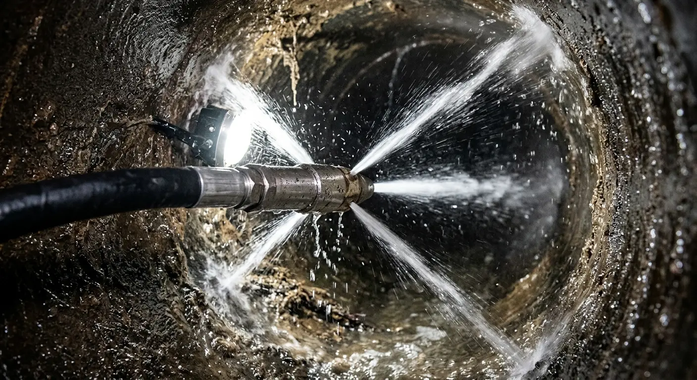 High-pressure hydro jetting nozzle cleaning sewer pipe for Trenchless Sewer Repair in Hazleton