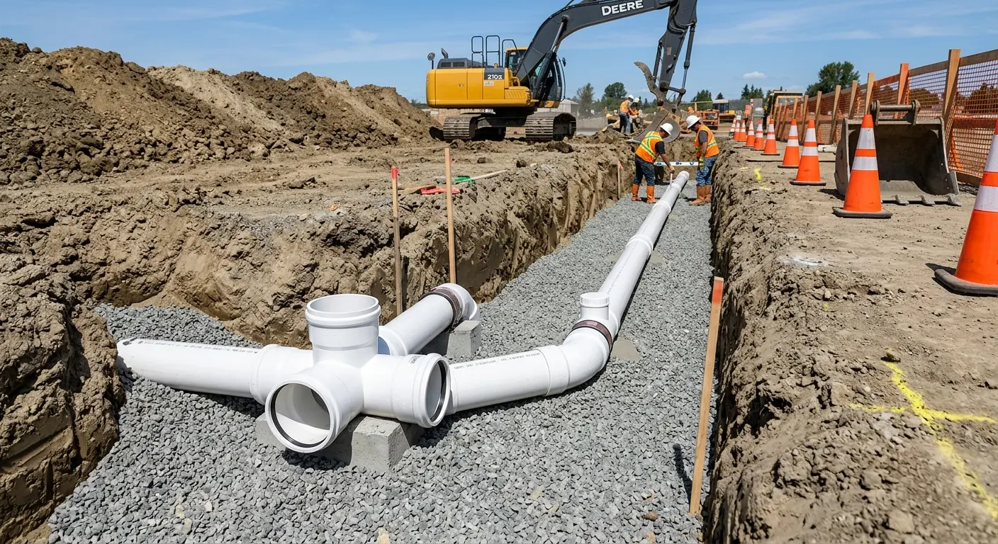 New PVC sewer pipe installation in open trench for Commercial Drain Cleaning in Hazleton