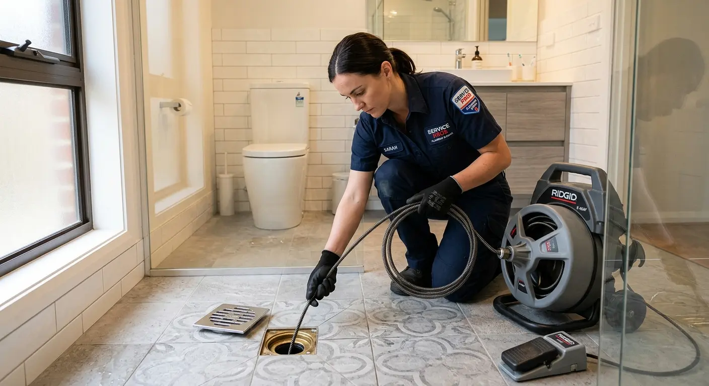 Technician clearing a bathroom floor drain for Hydro Jetting in Hazleton